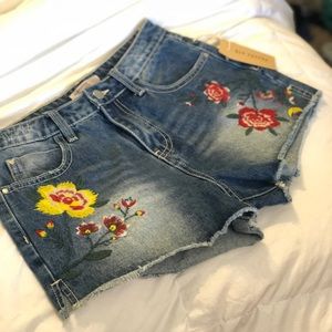 Brand New Floral Embroidered Denim Shorts